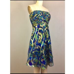 Oleg Cassini Vintage Strapless Mini Dress Silk Blue Gold Lamé Party Prom Size 10